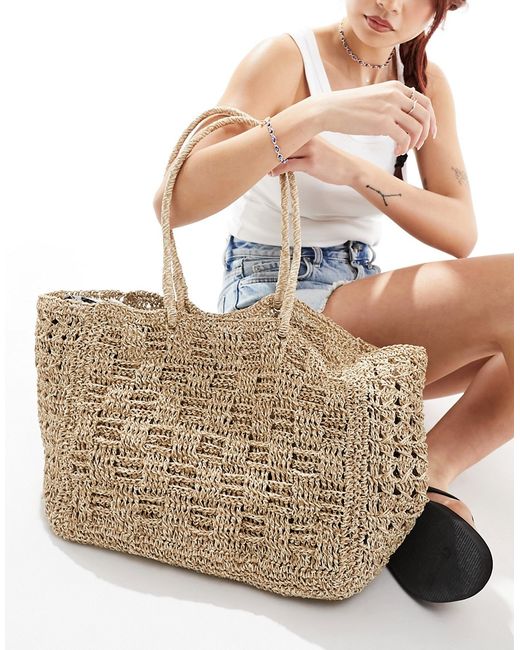 Asos Design straw hand crochet tote bag mixed weave-