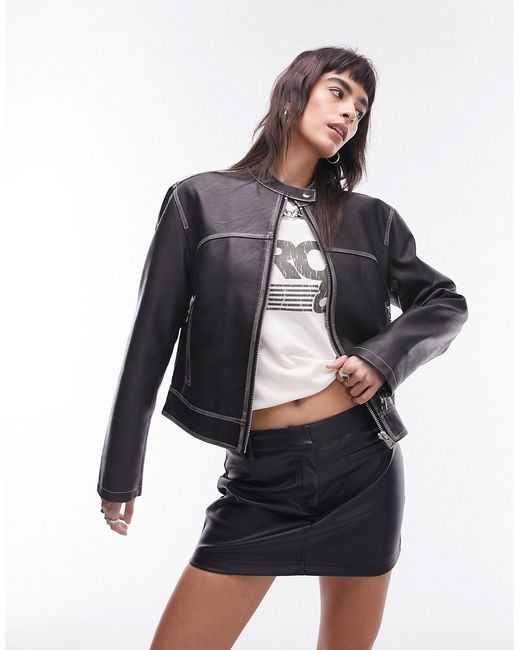 TopShop faux leather slim fit washed moto jacket