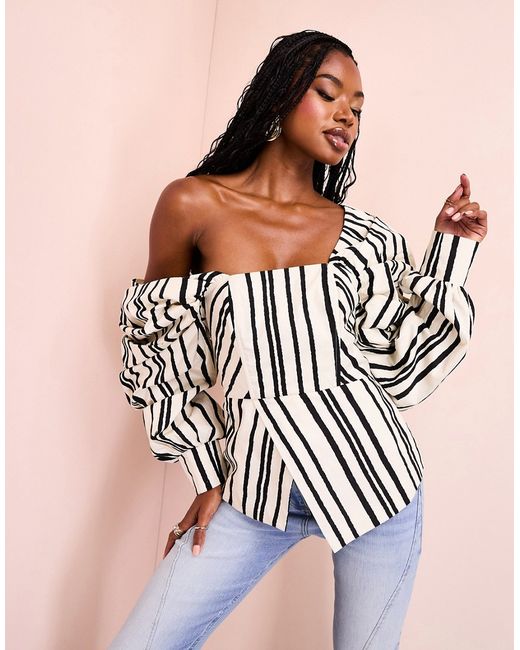ASOS Luxe poplin exaggerated sleeve top black and cream stripe-