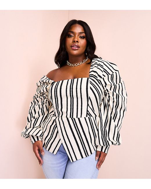 ASOS Luxe Curve poplin exaggerated sleeve top black and cream stripe-