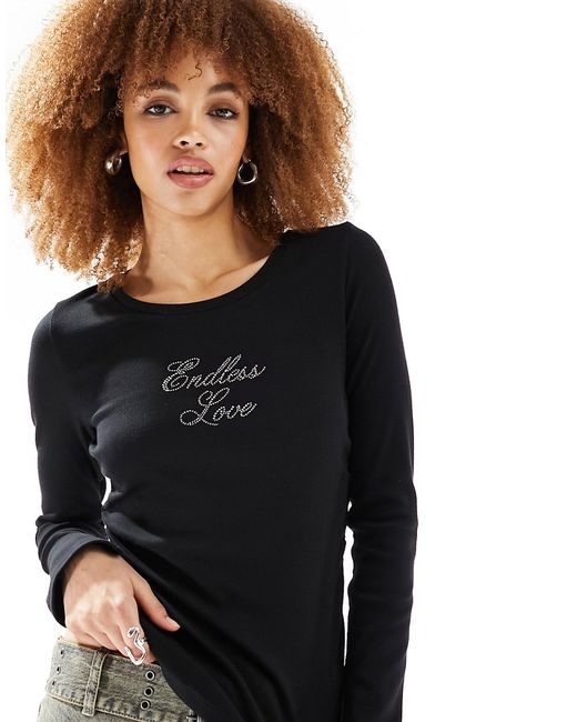 Monki long sleeve fitted top with endless love crystal placement