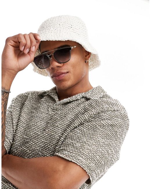 Asos Design bucket hat with straw and rope mix cream-