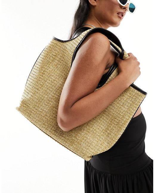 Asos Design straw tote bag with tubular piping natural-