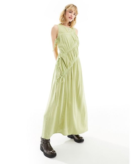 Asos Design ruched sleeveless maxi dress sage linen-