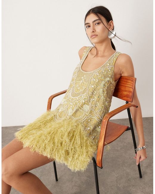 ASOS Edition embellished scoop neck mini dress with faux feather hem lime-