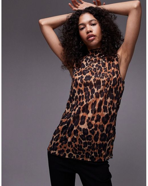 TopShop leopard print crinkle sleeveless top multi-