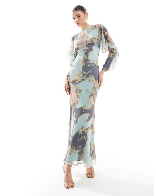 Asos Design long sleeve ruffle bias maxi dress with cape detail floral print-