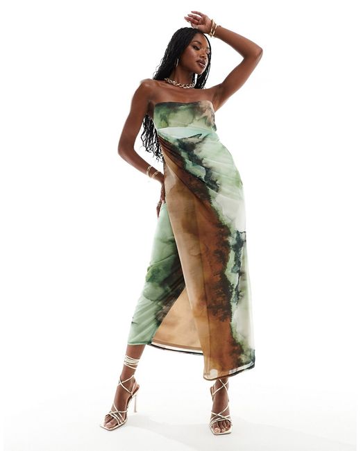 Asos Design mesh bandeau midi dress with draped skirt tonal marble print-