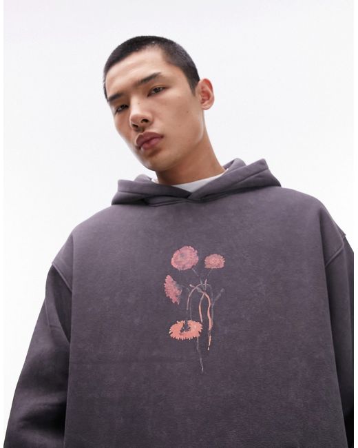 Topman oversized fit hoodie with front and back painted floral print charcoal-