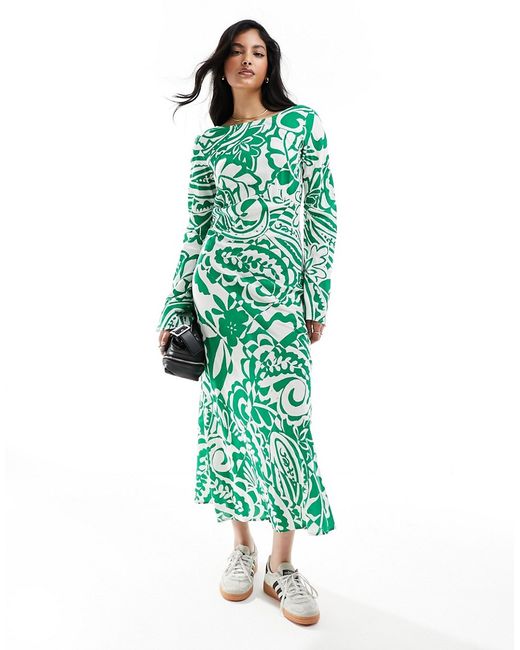 Asos Design viscose slash neck midi dress with v-back detail green print-