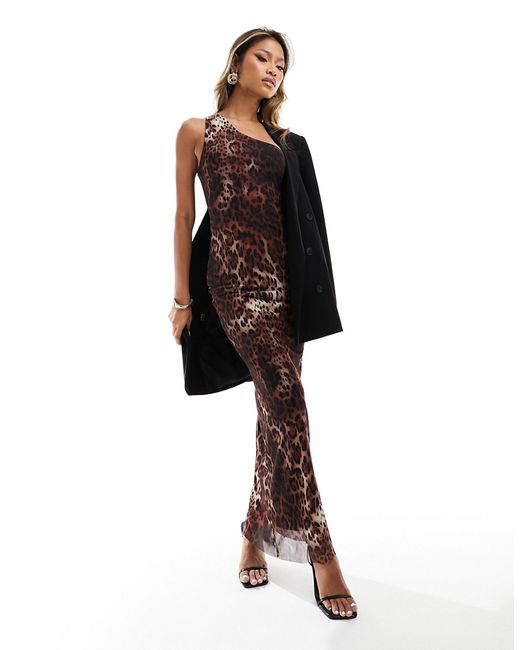 Asos Design one shoulder mesh maxi dress leopard print-