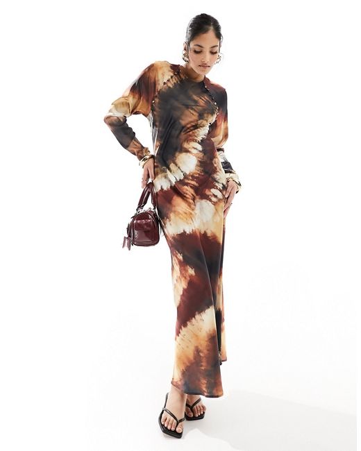 Asos Design satin biased maxi dress with button detail blurred print-