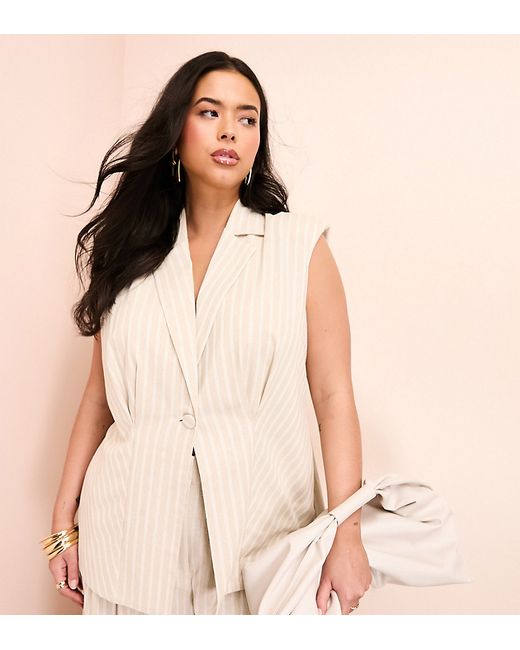 ASOS Luxe Curve linen mix longline sleeveless tailored blazer with bow back stripe print-