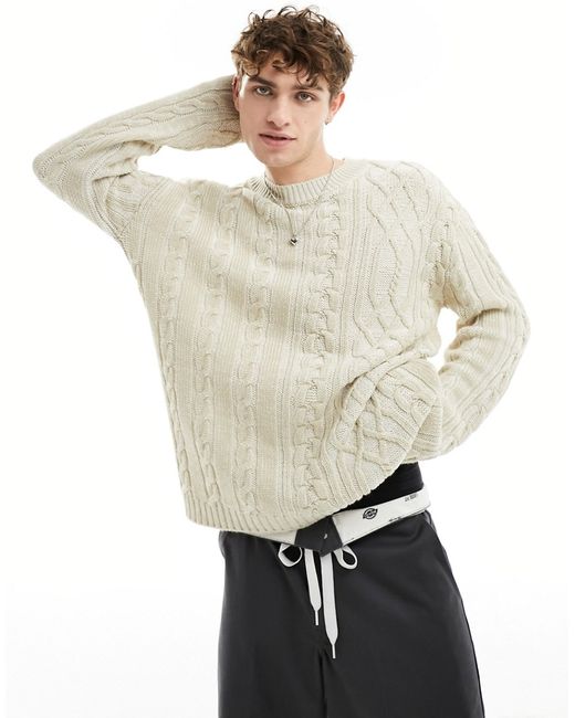 Collusion plated mixed cable crew neck sweater ecru-