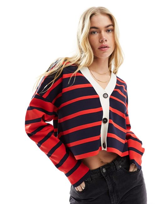 Asos Design knit cardigan contrast red and navy stripes-