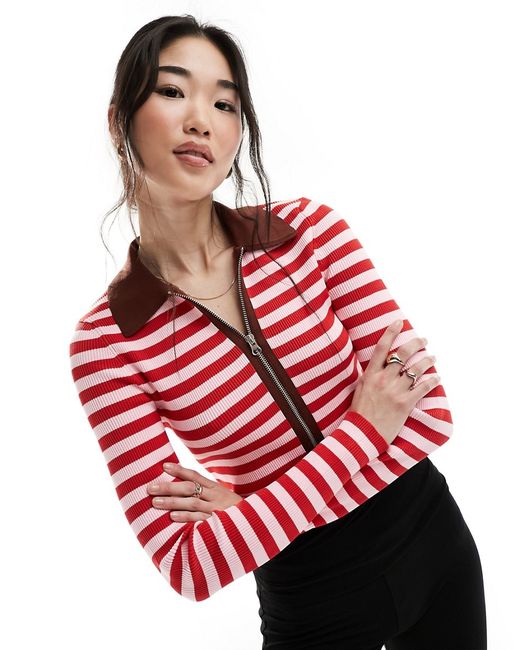 Asos Design knitted zip through top pink and red stripe-