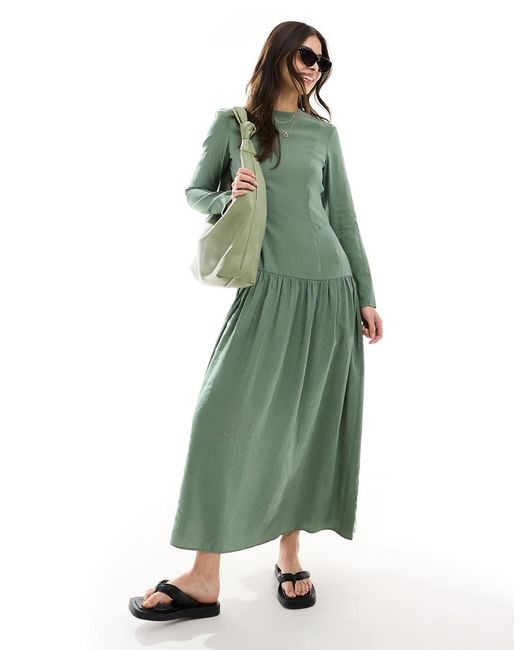 Asos Design dropped waist maxi dress with long sleeves khaki-