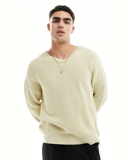 Asos Design oversized knitted fisherman rib sweater with v-neck oatmeal-