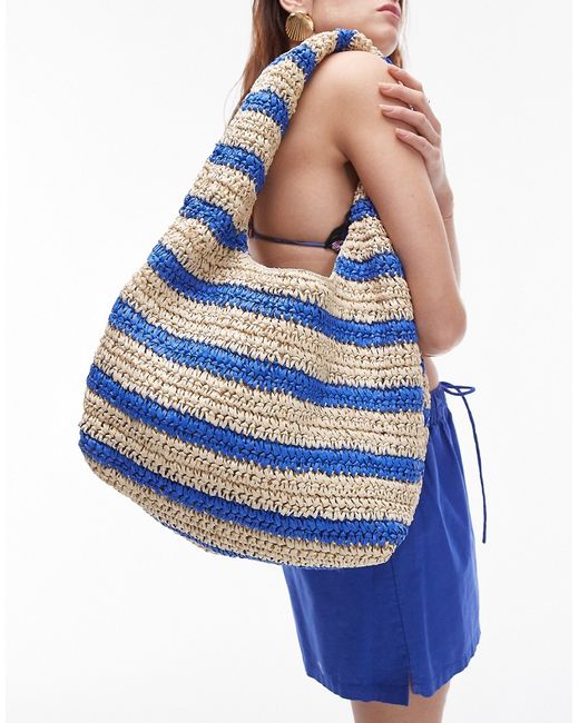 TopShop Tilly straw scoop shoulder bag blue stripe-