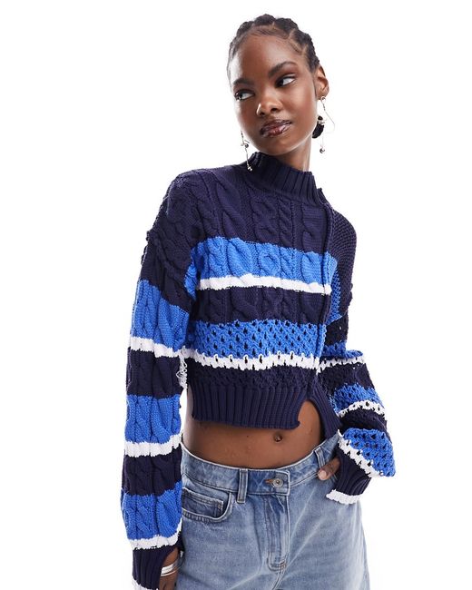 Asos Design crop sweater mixed stitch with split details blue stripe-