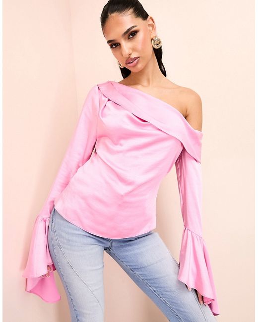 ASOS Luxe off the shoulder satin draped top with exaggerated sleeve