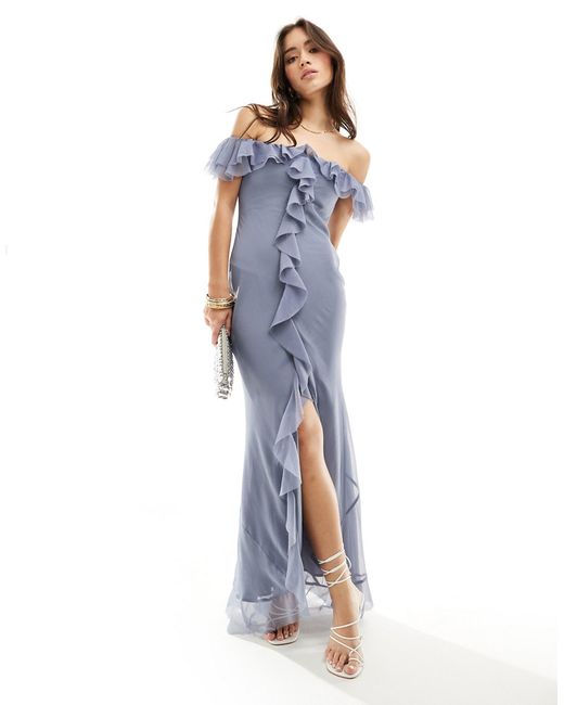 Asos Design frill bardot bias cut maxi dress dusky