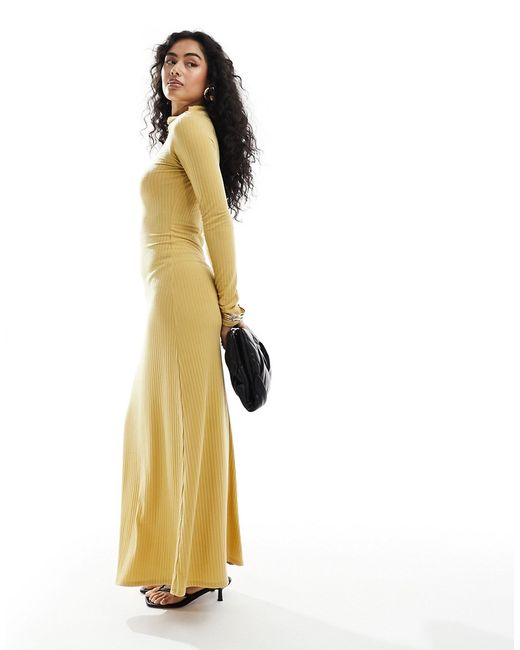 Asos Design ribbed asymmetric ruched neck maxi dress with long sleeves