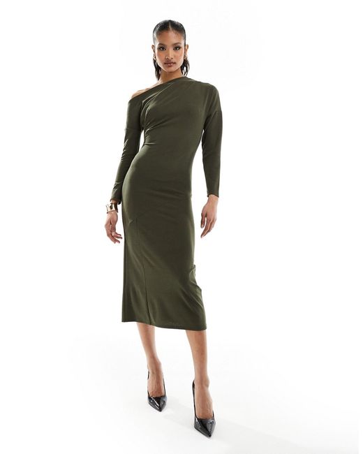 Asos Design long sleeve drape detail midi dress olive-