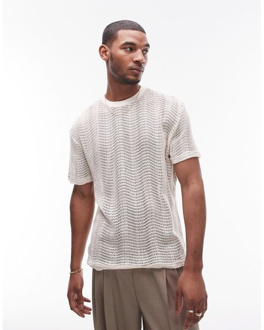 Topman oversized short sleeve open knit t-shirt ecru-