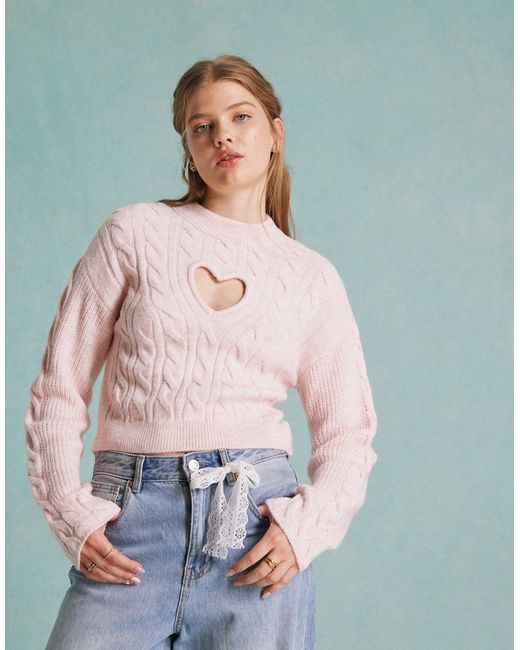 Miss Selfridge cut out heart cable knit sweater soft pink-