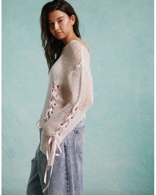 Miss Selfridge open knit contrast bow detail asymmetric sweater cream-