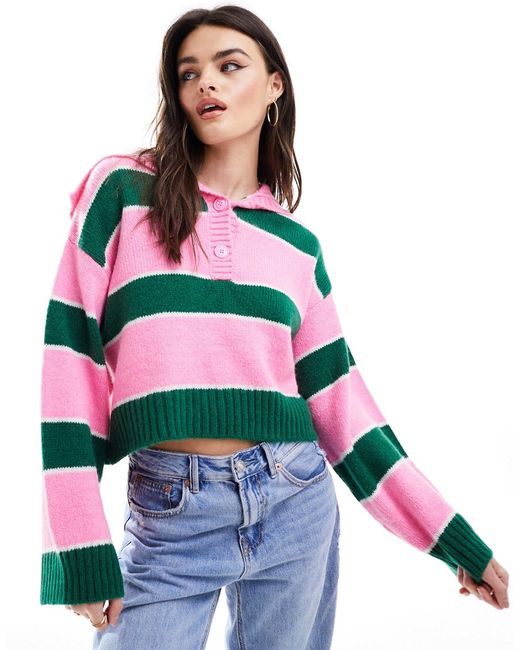 Asos Design sweater with button collar pink and green stripe-
