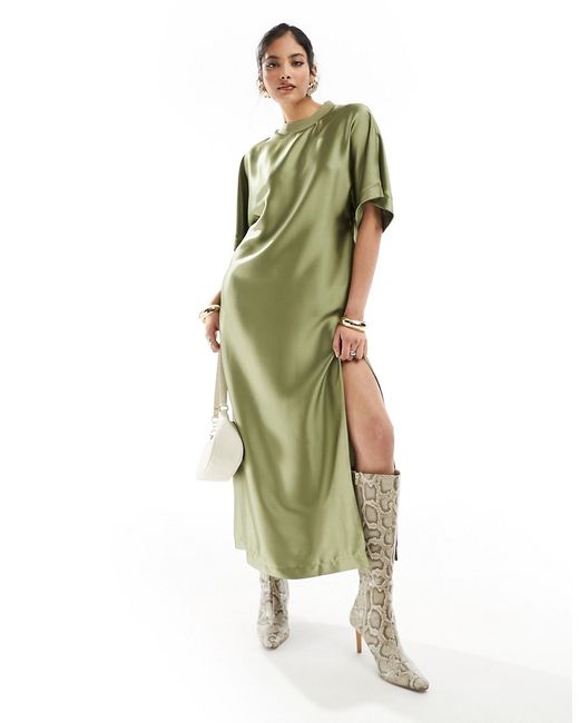 Asos Design satin oversized midi tshirt dress olive-