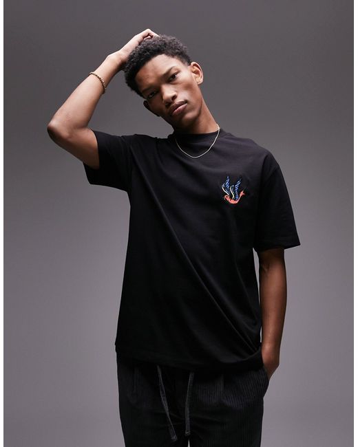 Topman oversized fit T-shirt with swallow embroidery