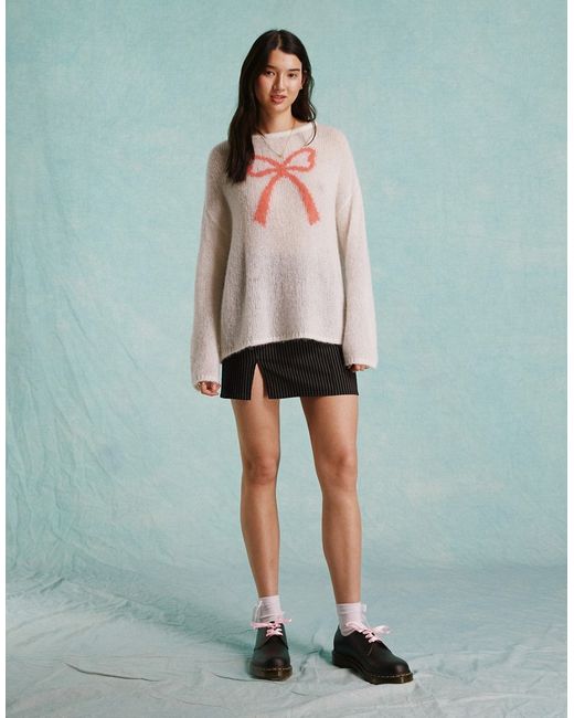 Miss Selfridge bow front knit oversized sweater cream-