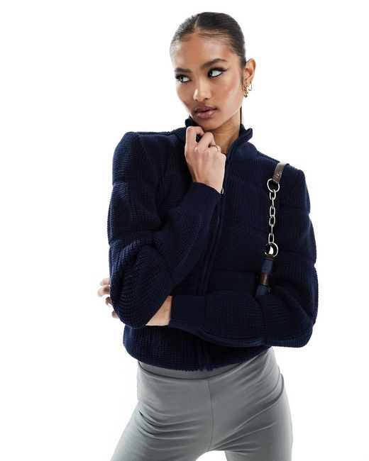 Fashionkilla bubble knitted zip through sweater navy-
