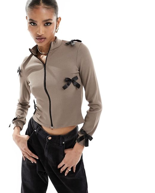 Fashionkilla ribbed zip through contrast bow detail sweater mocha-