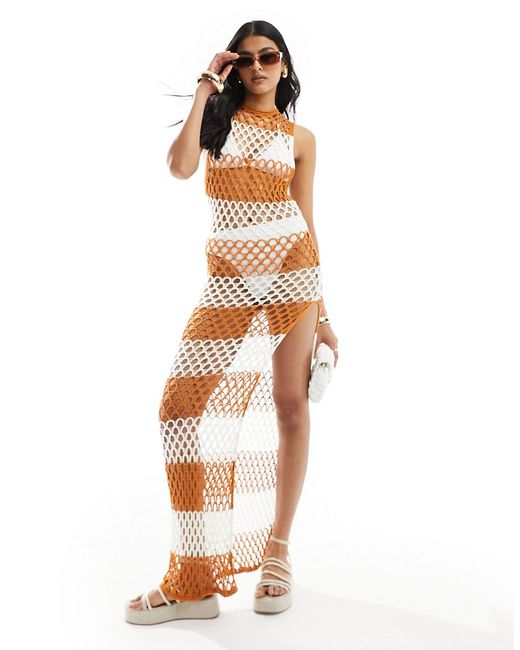 Asos Design open knit sleeveless beach maxi dress rust ivory stripe-