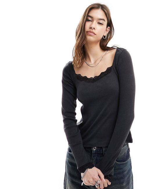 Monki long sleeve top with sweetheart neckline washed lace trim