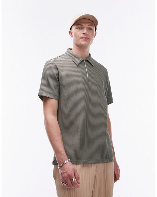Topman short sleeve 1/4 zip up plisse shirt khaki-
