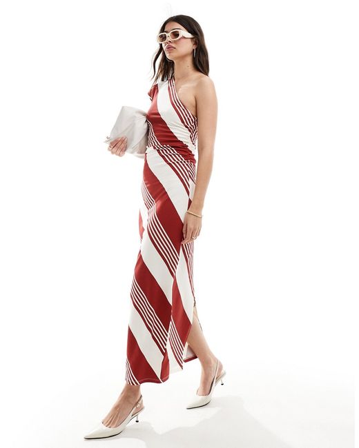 Asos Design one shoulder midaxi dress with ruched side red stripe-
