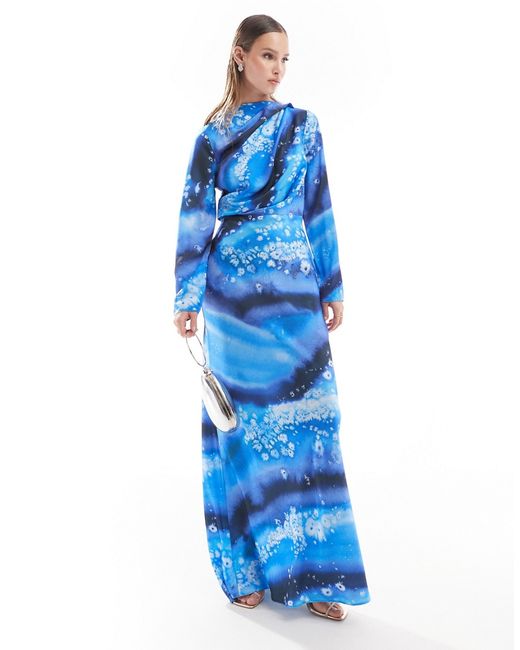 Asos Design satin button shoulder maxi dress with drape bodice detail abstract print