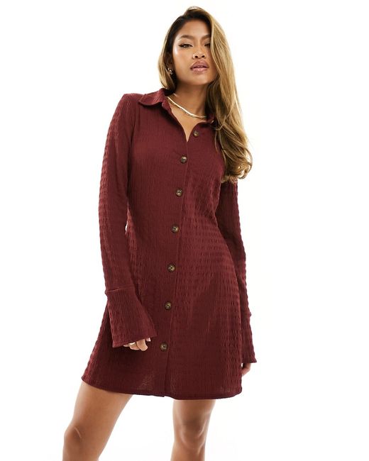 Asos Design textured long sleeve mini dress with button front and collar burgundy