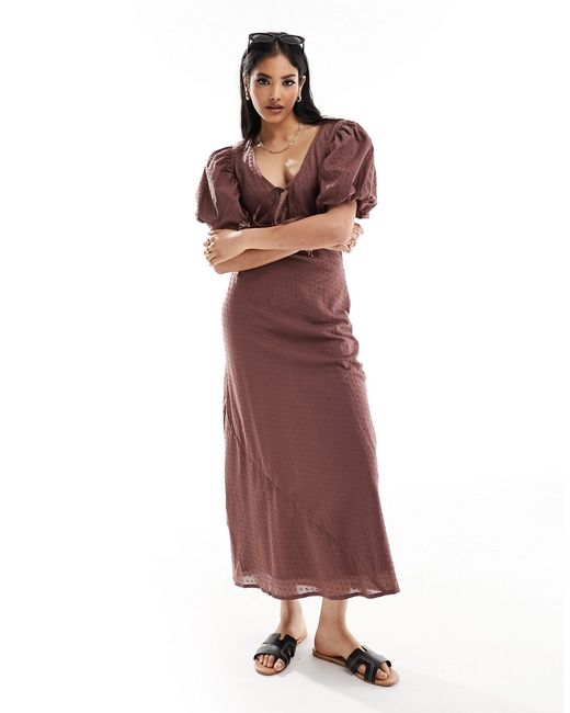 Asos Design textured cotton midi dress with keyhole puffed sleeve chocolate