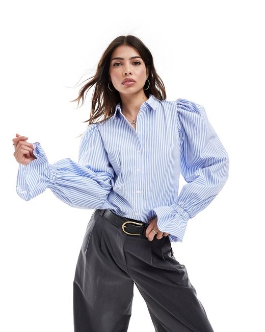 Asos Design volume sleeved soft shirt with ruffle cuff chambray stripe-