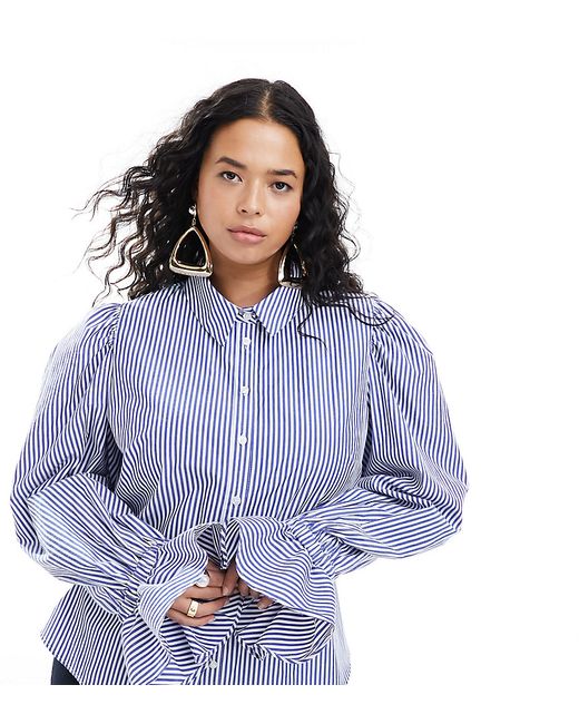 ASOS Curve DESIGN Curve volume sleeved soft shirt with ruffle cuff blue stripe-