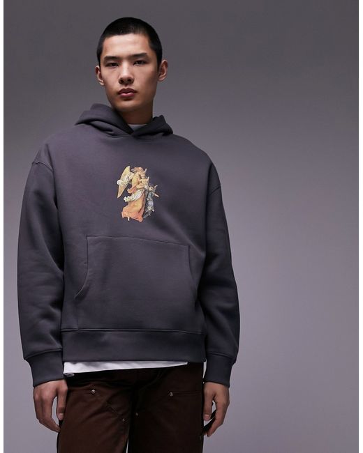Topman oversized hoodie with angel chest print charcoal-