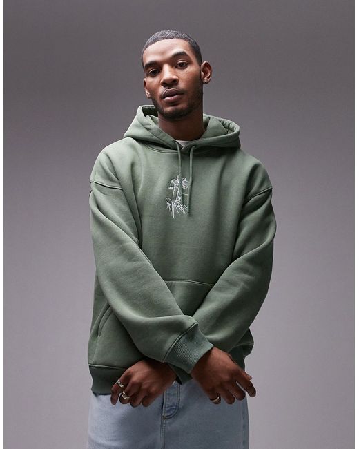 Topman oversized fit hoodie with floral embroidery washed