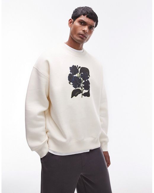 Topman oversized fit sweatshirt with abstract flower print ecru-