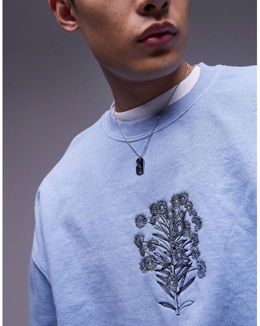 Topman oversized fit sweatshirt with dandelion embroidery washed